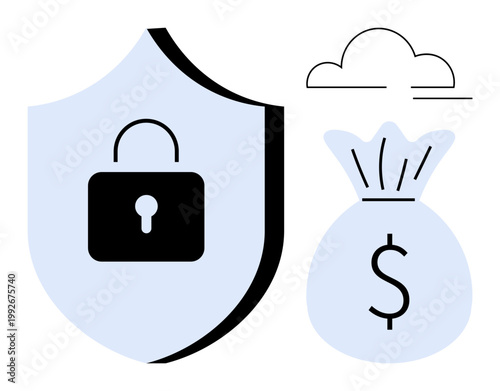 Cybersecurity, financial protection, digital security, data privacy, secure transactions, cloud storage. A shield with a lock, a money bag and a cloud. Cybersecurity and financial protection