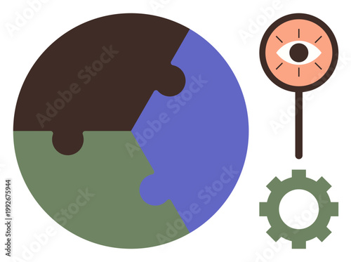 Global connectivity, sustainability, problem-solving, innovation, vision, teamwork. A puzzle globe, an eye on a stick and a gear icon. Focus on connectivity and sustainability concepts