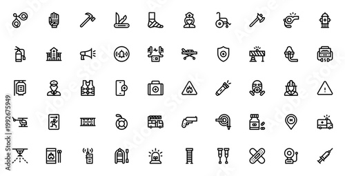 Emergencies icon set. Vector illustration pack. Includes symbols for police, fire, ambulance, first aid, safety, rescue, warning, hospital and more. Editable stroke.