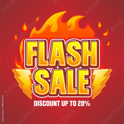 Flash Sale 20% Discount Banner with Fire Flame Background, Hot Deal Promotion Template, Big Sale Typography Design for Marketing, Retail Offer Poster