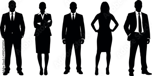 Silhouettes of five diverse business professionals standing together in formal suits for corporate team presentations and office vector illustration projects.