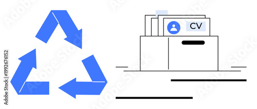 Recycling concept. Recycling symbol s environmental conservation. CV document files highlight job applications and sustainable practices. For eco-friendly hiring, HR, and green workplace ideas