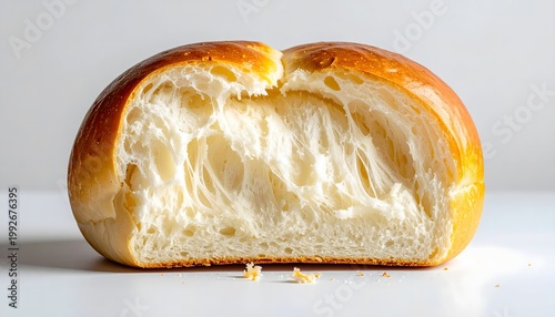 Freshly baked brioche bread bun showing soft fluffy inner texture on white background