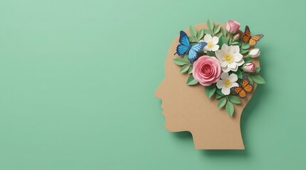 Mental health day concept featuring a profile silhouette filled with blooming flowers and butterflies on a mint background.