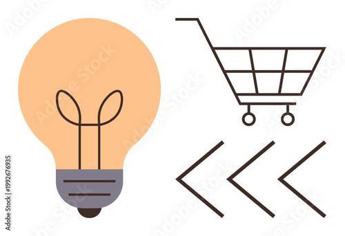 E-commerce, online shopping, consumer choices, innovation, technology trends, business strategy. A light bulb, shopping cart and arrows. E-commerce and online shopping concepts