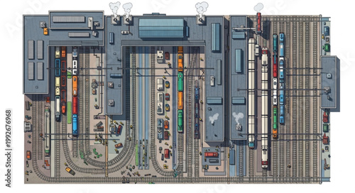 Aerial View of a Busy Train Station and Rail Yard.