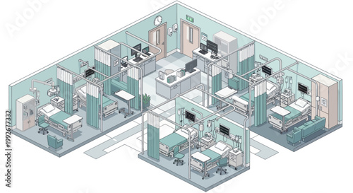 Isometric hospital ward with multiple patient rooms and equipment.