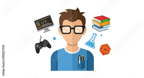 Young man with glasses and hobbies.