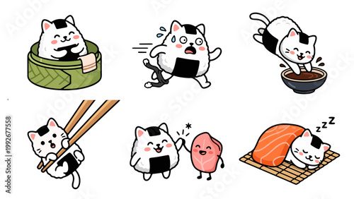 Adorable sushi cats expressing various emotions and actions in a playful cartoon style.