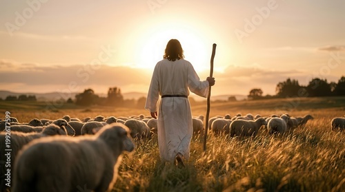 A silhouette of Jesus Christ praying to God while guiding sheep in a golden meadow.