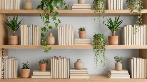 Minimalist wooden shelving unit with books and potted plants for studio backdrop.