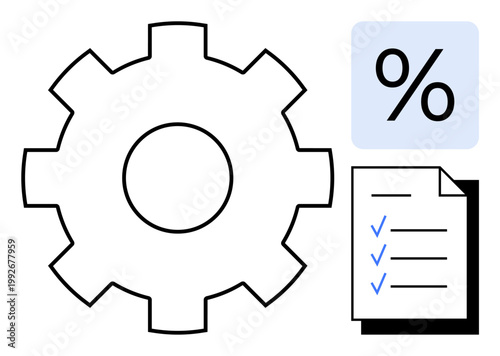 Workflow, productivity, efficiency, process management, business strategy, optimization. Gear cogwheel, percentage symbol and a checklist document. Workflow and productivity concept