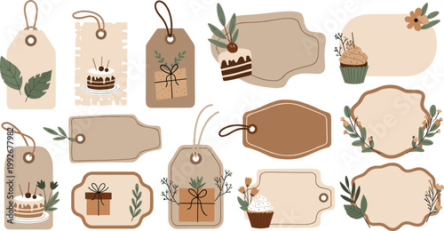 Set of Elegant Gift Tags with Cakes, Cupcakes, and Floral Decorations in Earthy Tones for Birthdays, Parties, and Special Occasions