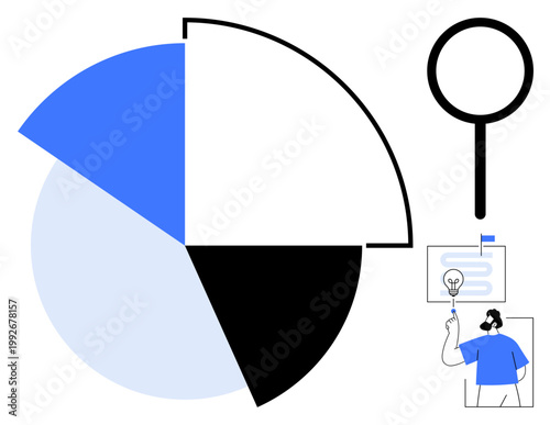 Data analysis, research, business strategy, market insights, stats tracking, problem-solving, innovation. Visual elements include pie chart magnifying glass and person creating ideas. Data analysis