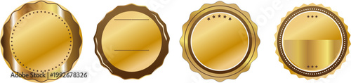 高級感あふれるゴールドの円形エンブレムとシールデザインのバリエーションセット、ラベル・バッジ・認証マークに最適な光沢金属風イラスト素材集