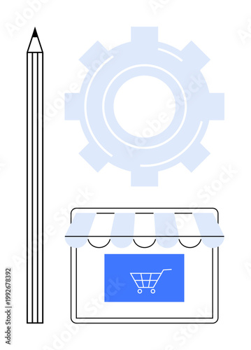 Online shopping, business development, e-commerce ideas, digital trade, branding, content creation. A storefront with a gear and pencil symbol. Online shopping and business development theme