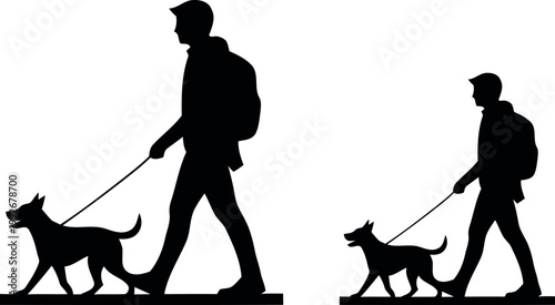 Silhouetted figures of two men walking their dogs showcasing a bond between humans and their canine companions outdoors
