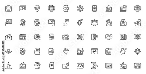 Digital Marketing icon set. Vector icons pack for online shopping, social media, SEO, analytics, advertising, email marketing, and more. Editable stroke.
