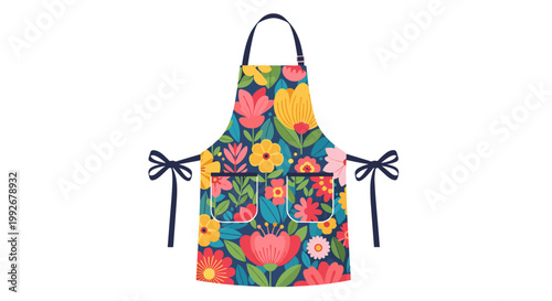 Colorful floral apron with pockets and navy ties on white background, featuring vibrant tulips and daisies in a lively, artistic pattern