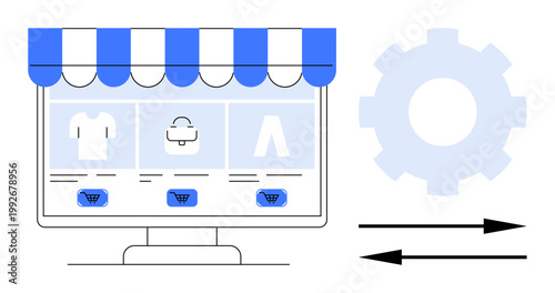 E-commerce, digital marketplace, software integration, shopping technology, online retail, automation. Computer screen displaying a storefront with product icons. E-commerce and online retail