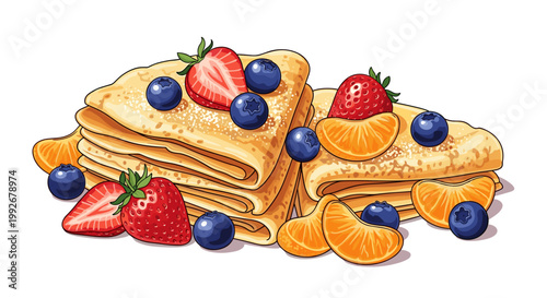 Illustrated stack of crepes adorned with vibrant fresh fruit including strawberries, blueberries, and orange slices on a white background