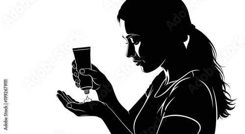 Silhouette of a woman applying hand cream from a tube, with intricate black and white contrast, isolated on a white background