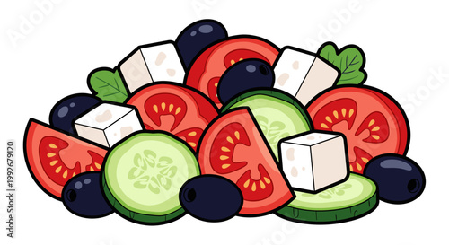 Vibrant illustration of a Greek salad featuring fresh olives, sliced cucumbers, tomatoes, and feta cheese cubes with a crisp, clean white background