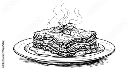 Illustration of a steaming lasagna slice on a decorative plate with basil garnish, black and white line art style