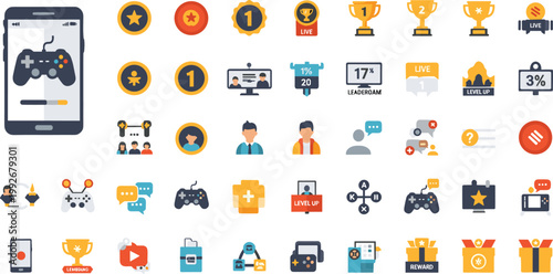 Gaming Icons Set Featuring Trophies, Leaderboards, Live Streaming, Rewards, and Controller for Esports and Gaming Design