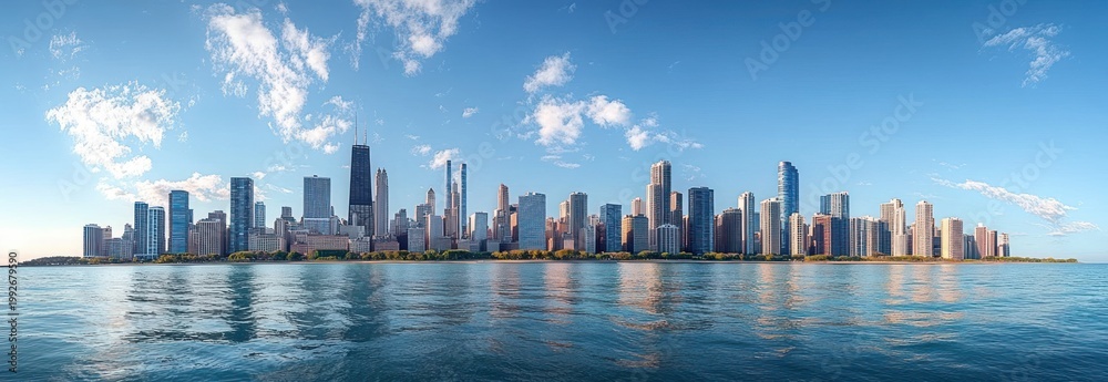 Naklejka premium Panoramic modern skyline of glass and concrete skyscrapers along a calm blue waterfront with reflections under a bright sky of scattered clouds, evoking serene urban calm