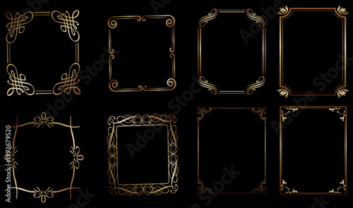 黒背景に映える繊細でエレガントなゴールド装飾フレームセット　アンティーク調ラインアートの高級囲み枠ベクター素材