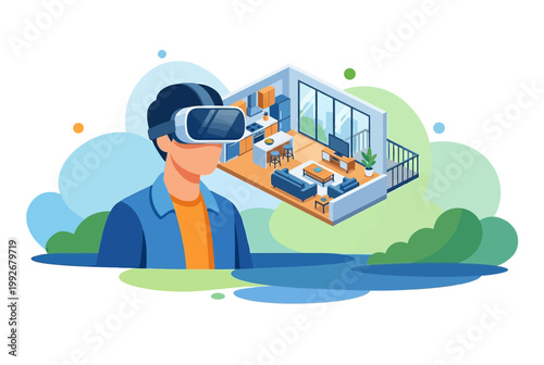 Man Using Virtual Reality for Modern Real Estate Home Tour