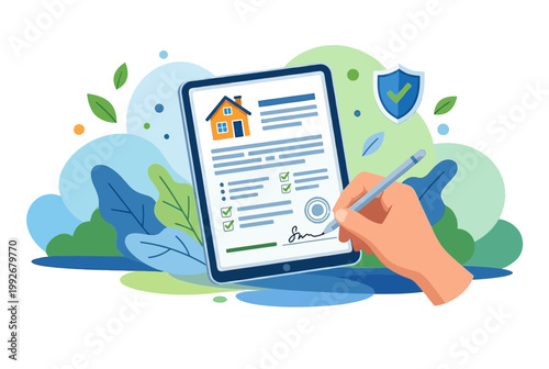 Digital Real Estate Document Signing on Tablet Illustration