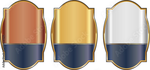 丸みのあるクラシック装飾フレームと金属グラデーション背景の高級ラベルテンプレート（銅・金・銀バリエーション）
