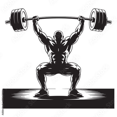 A powerful silhouetted weightlifter successfully performing an overhead barbell squat exercise high quality professional detailed modern