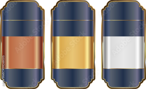 上下分割デザインの高級メタリックラベルフレームセット（金・銀・銅カラーのクラシック装飾テンプレート素材）