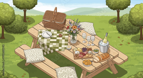 Picnic table with food and wine.