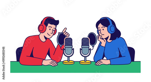 Two people podcasting with microphones and headphones.
