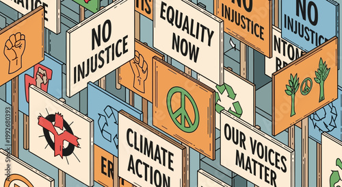 Signs with messages of social justice.