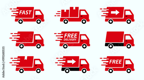 A set of flat red vector truck icons featuring motion lines and cargo elements for fast shipping and global delivery service concepts