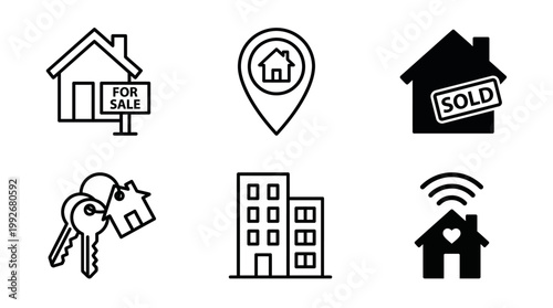 A collection of real estate icons illustrating property for sale, sold status, location, keys, and smart homes