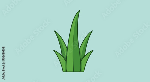 Simple green grass blade cartoon on a light blue background.