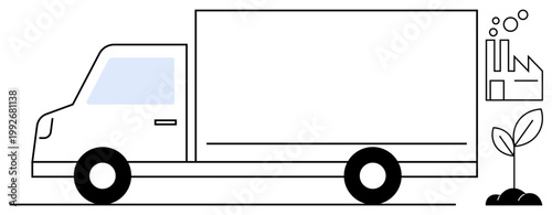 Sustainability, logistics, eco-friendly delivery, environmental impact, green energy, corporate responsibility. Truck with factory and plant symbols. Sustainability and logistics concept