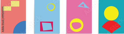 Vector. Minimal style posters visual concept for design backgrounds. Abstract geometric shapes with color blocking and purposeful mess. Clean composition. Copy space for text.