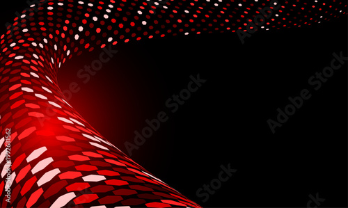 赤い六角形パターンが曲面状に連なるダイナミックな抽象背景、立体感と奥行きを感じるエネルギッシュなデジタルアート