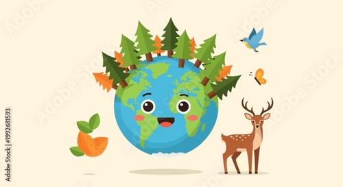 Cute cartoon planet Earth with trees and animals.