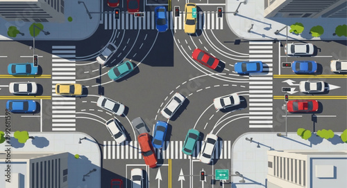 Aerial View of Busy City Intersection with Traffic and Cars.