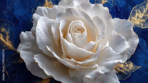 Close-up of a white silk rose against a deep royal blue velvet background. Gold foil accents. Luxurious 3D sculptural relief