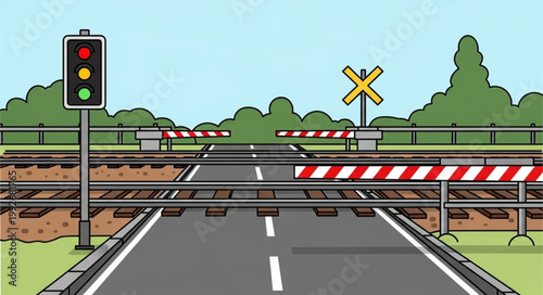 Railway crossing with traffic lights and barriers.
