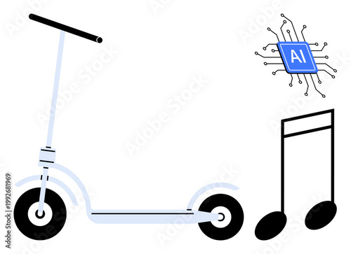 Technology, AI integration, music, smart mobility, innovation, urban commuting. Electric scooter, AI chip and musical note. Technology and AI integration with futuristic elements